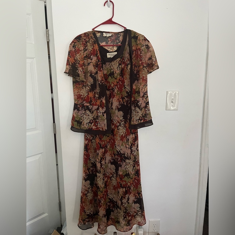 Sheer Floral Two-Piece Dress Set in Olive, Rust & Black